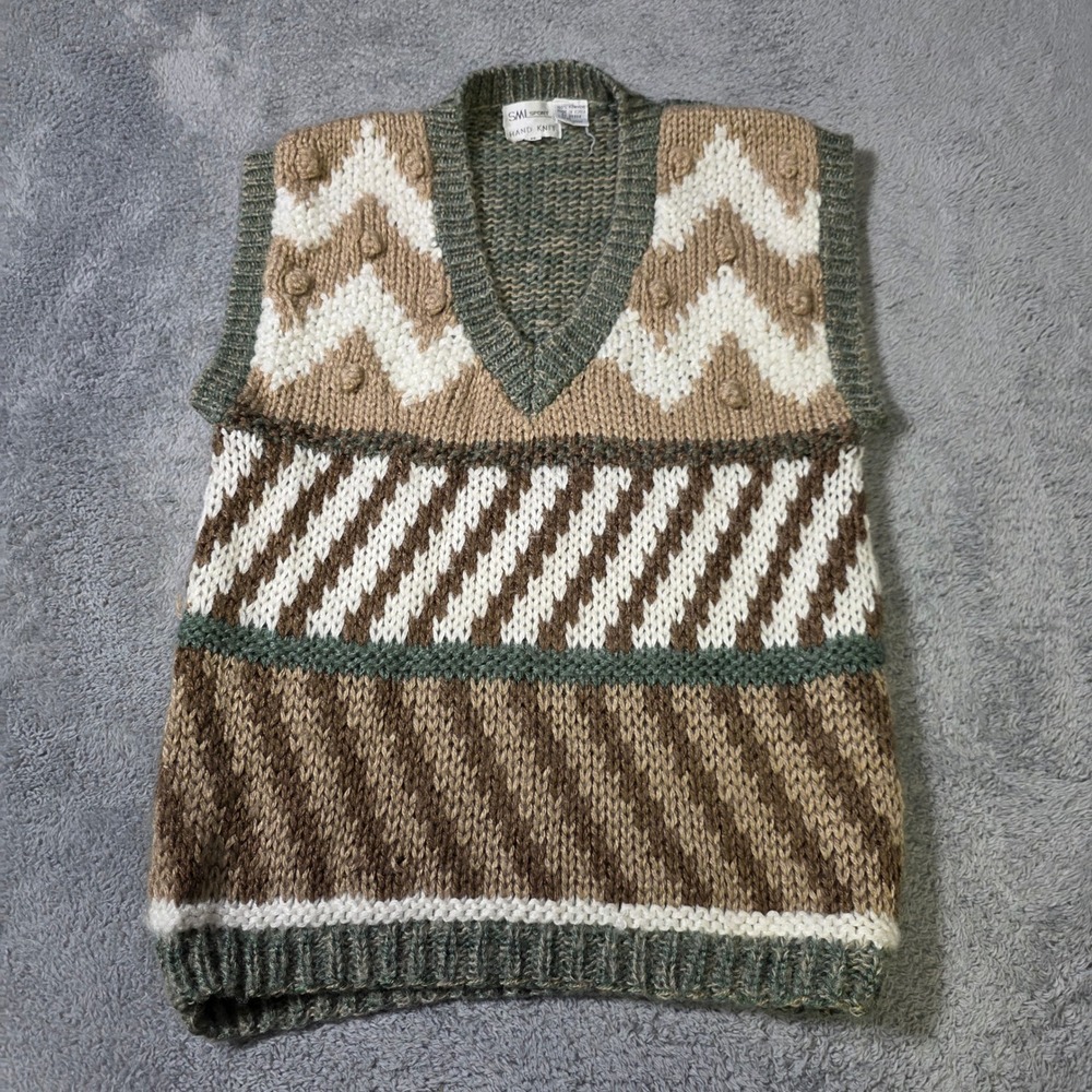 SML Sport Womens Medium Sweater Vest Green Brown Hand Knit Chevron Bobble V-Neck